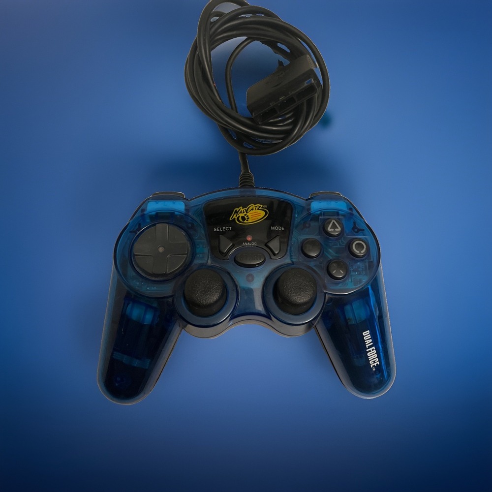 Playstation 1 2 Madcatz Dual Force PS1 & PS2 Controller Clear Blue #8016 TESTED